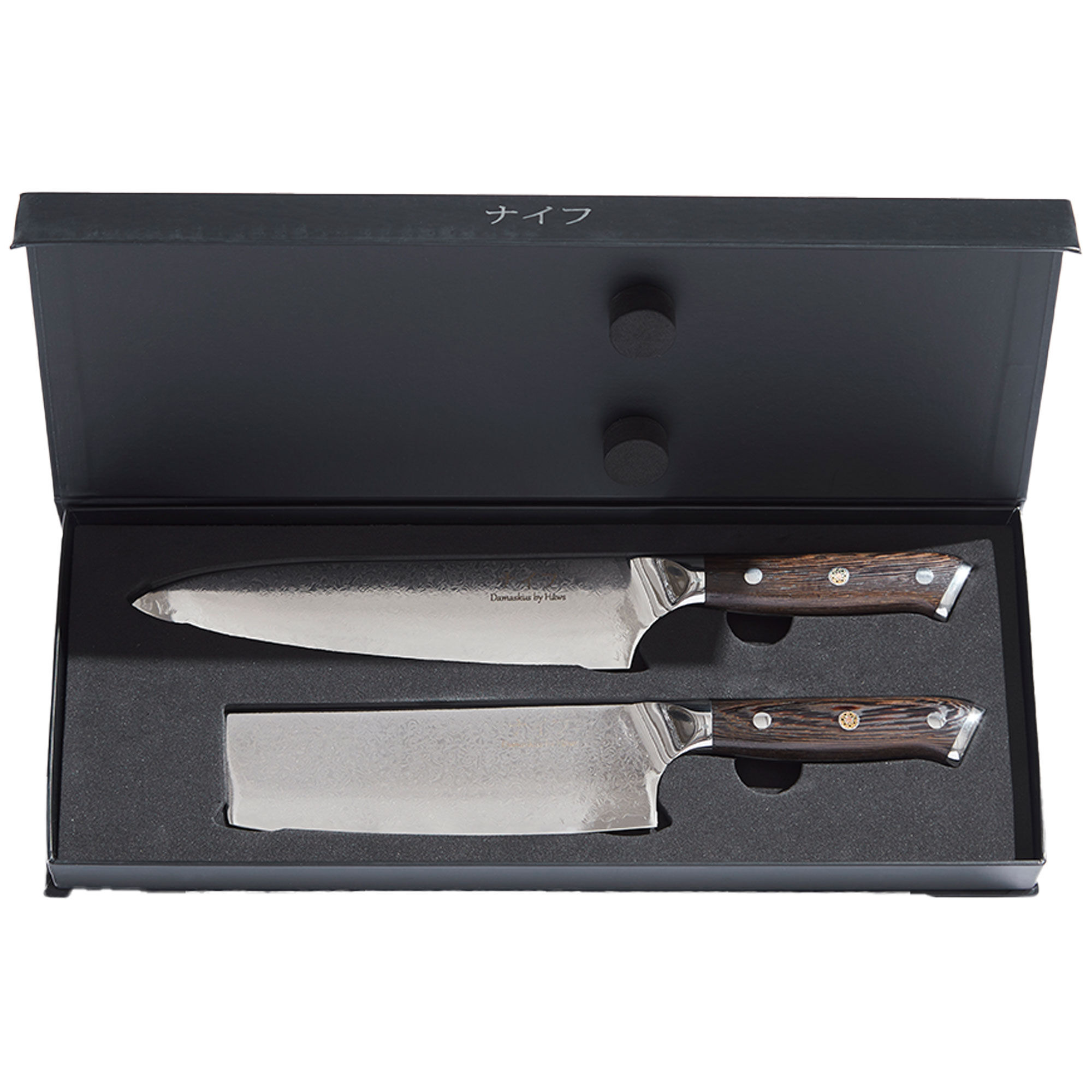 H&acirc;ws Damascus Weng&egrave; knivsett 2 deler med kokkekniv og gr&oslash;nnsakskniv i damaskusst&aring;l